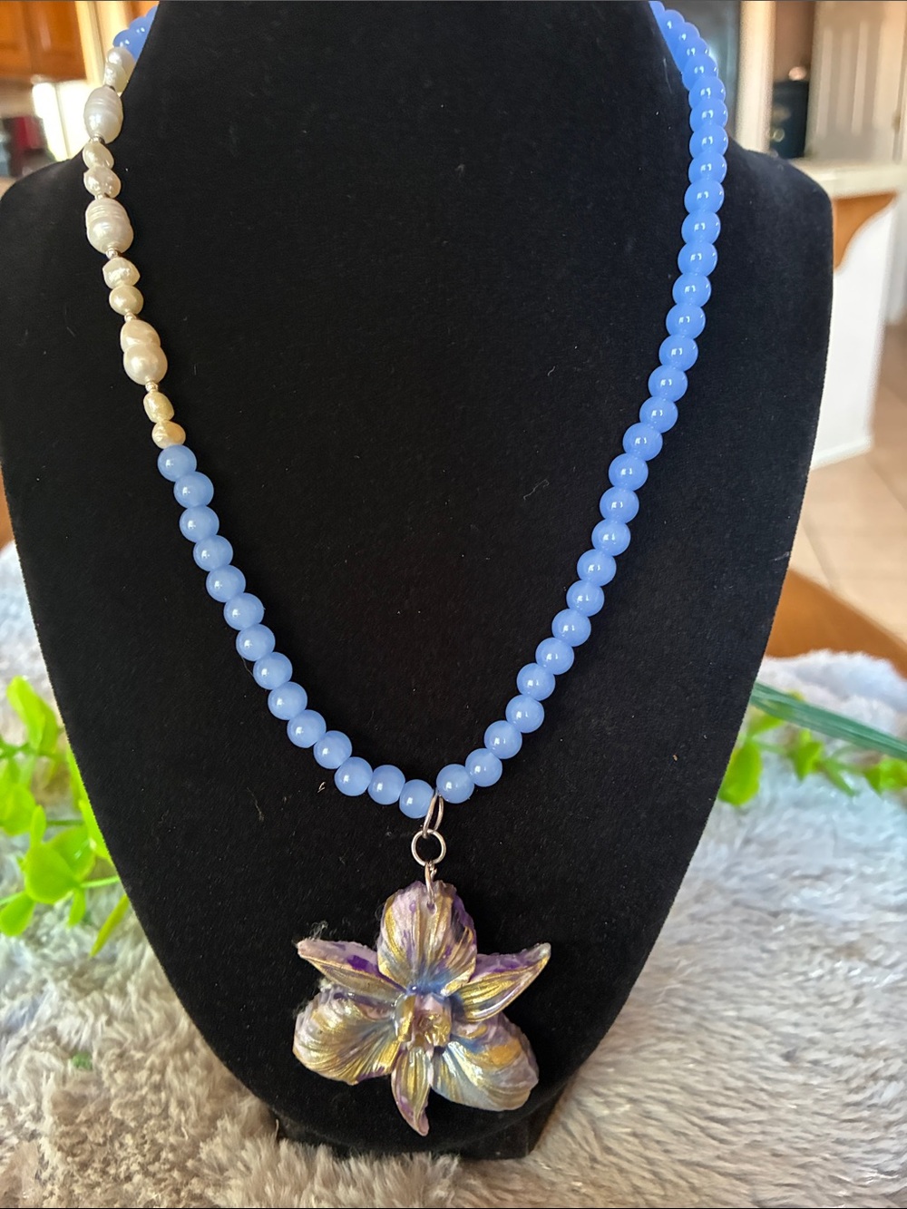 Lavender Blue Beaded Necklace with Iridescent Flower Pendant